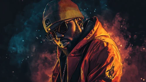 Stylized hip hop portrait in orange jacket and beanie.