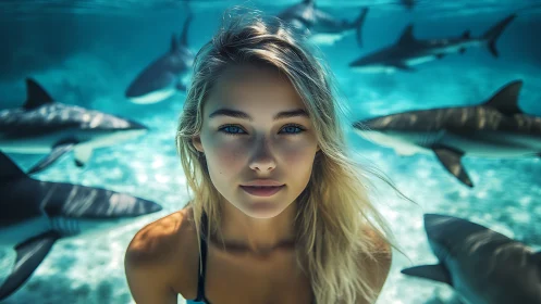 Underwater portrait with circling reef sharks and blonde diver.