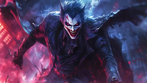 Sinister trickster lunging through neon-soaked night chaos.