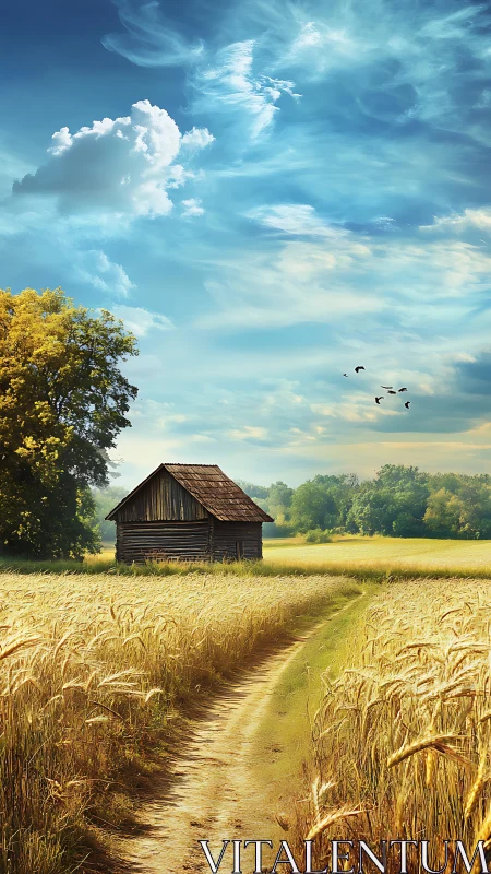 Sunlit wheat lane curls toward a shy wooden field cottage