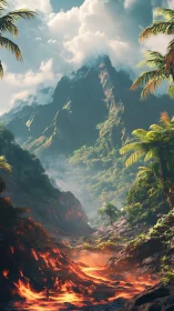 Volcanic jungle corridor with incandescent lava outflow stream.