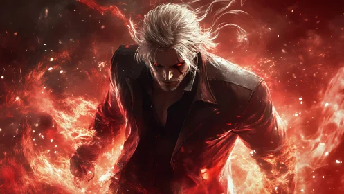 White-haired male figure amid red fiery energy field.