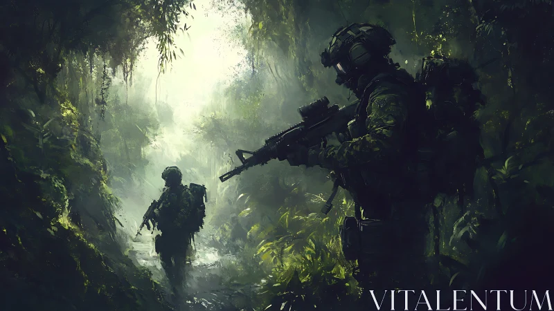 Armed soldiers advancing through dense misted jungle terrain.
