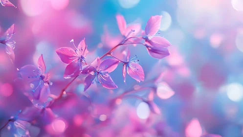 Pink Petals Against Blue Bokeh Background.
