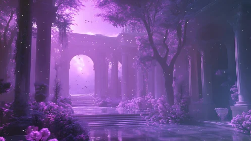 Enchanted violet colonnade within misty fantasy grove.