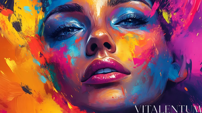 Hyperreal female portrait in vivid multicolor paint eruption