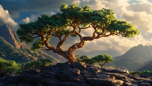 Windswept mountain tree crowns sunlit volcanic ridgeline.