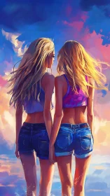 Sunlit friends walking under vivid painted sunset sky.