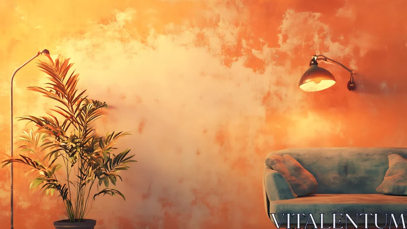 Mid century styled living room shows plant, sofa and lamps