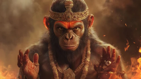 Simian humanoid figure in ornate crown stands amid flames