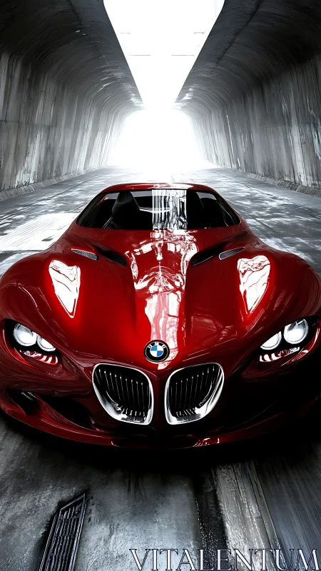 Red BMW supercar gleams under tunnel light in dramatic view.