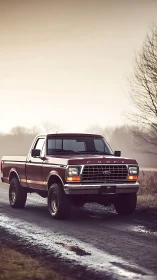 Vintage Ford pickup truck stands on wet rural roadside