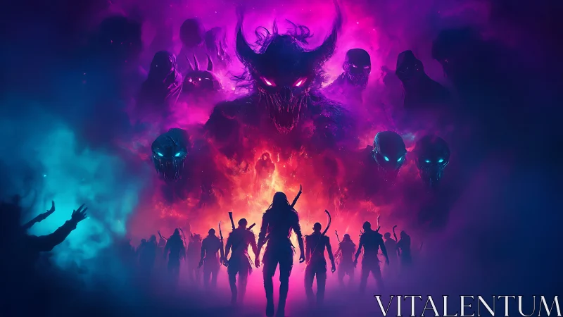 Heroic silhouettes walk toward a roaring neon demon sky