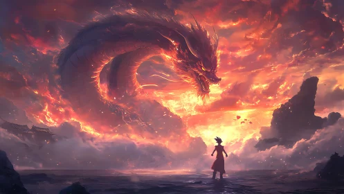 Fiery sky dragon confronting lone warrior at dusk.