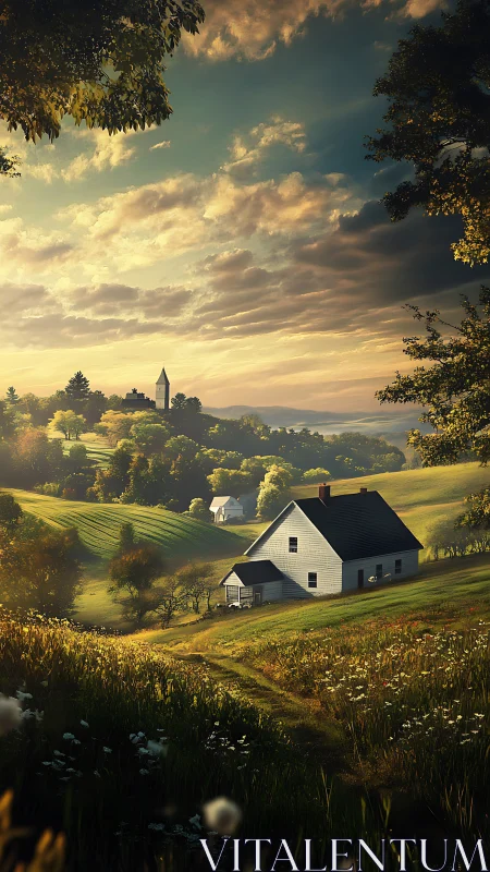 Golden morning light gently settles over a peaceful valley home