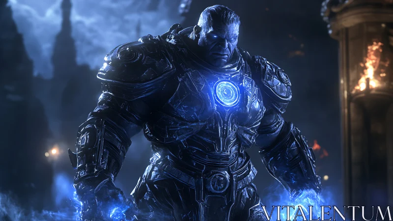 Armored cybernetic titan with glowing blue core in ruins