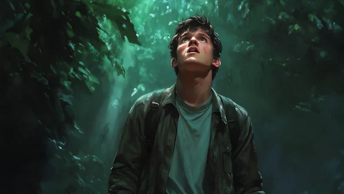 Young explorer lit by volumetric jungle light, upward gaze detailed