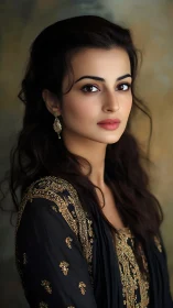 Woman in dark embroidered dress against muted backdrop.