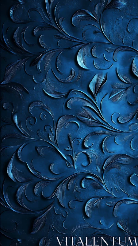 Embossed blue floral scrollwork flows across textured surface