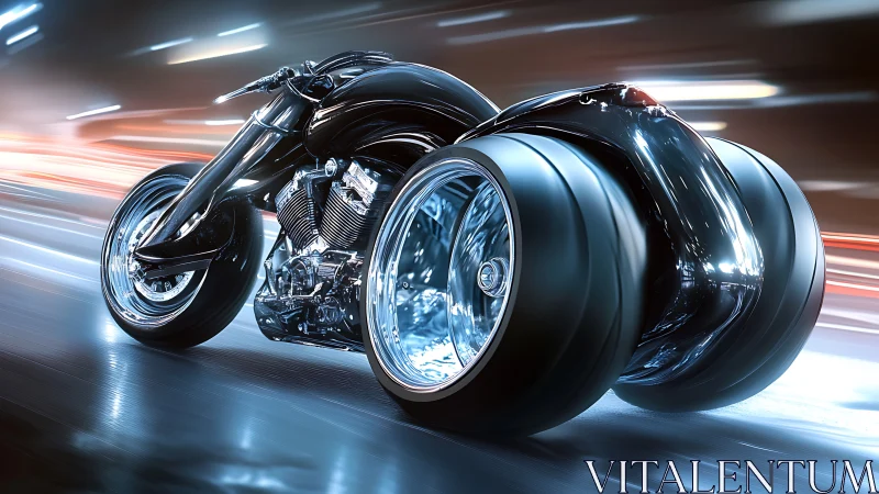 Futuristic three wheel motorcycle on motion blurred roadway.