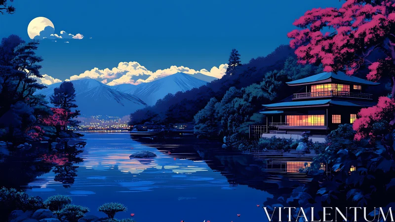Moonlit lakeside temple glows beneath snowcapped peaks