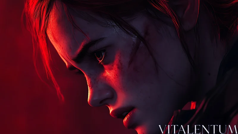 Side-lit wounded face uses dramatic red rim light and microdetail