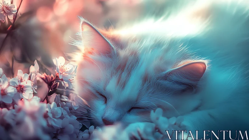 Cat Resting Near Flowering Branches in Blurred Light