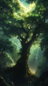 Ancient Forest Cathedral: Luminous Giant Emerges From Mist.