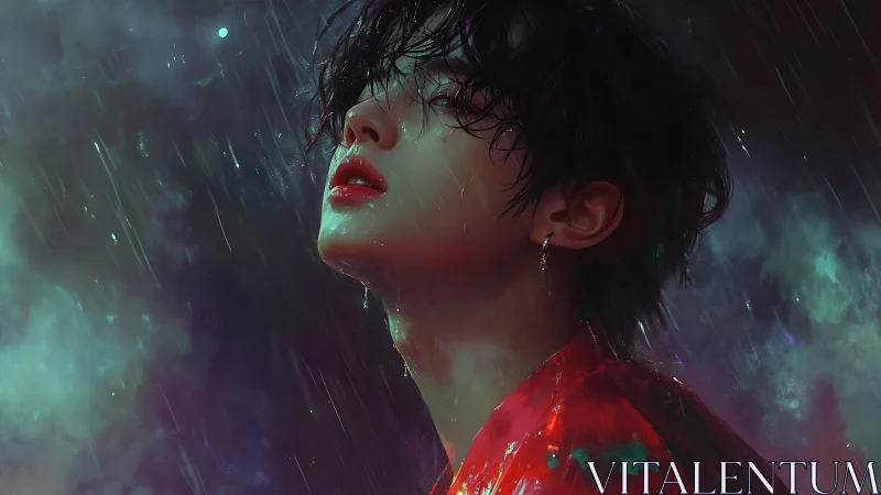 Rain-drenched gaze ignites neon storm of longing and light.