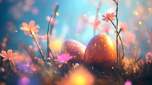 Glowing pastel Easter eggs in dreamy bokeh meadow scene.