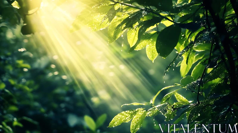 Golden morning light gently pours through fresh forest leaves