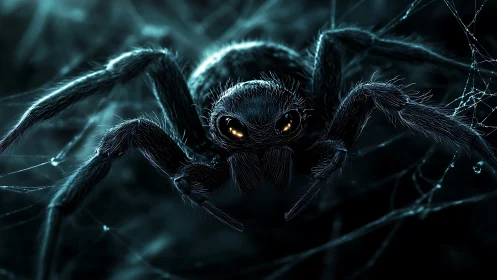Mysterious spider rests in moonlit web with glowing eyes