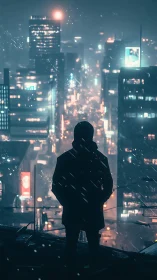 Silhouette on rooftop above rainy neon city at night.