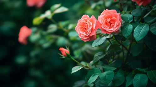 Coral roses blooming in lush garden setting.
