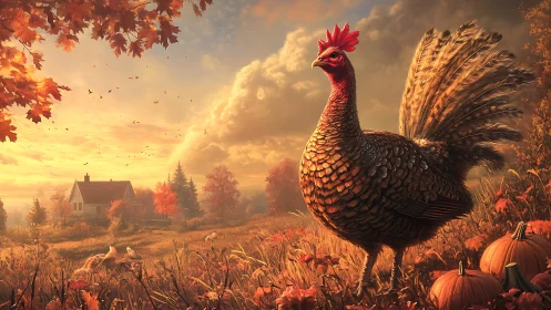 Rooster in Golden Autumn Landscape with Farmhouse and Harvest Elements