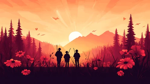 Silhouetted hikers in stylized forest at sunset horizon.