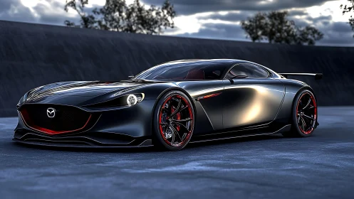 Sleek Mazda concept supercar under moody evening sky.