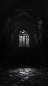 Gothic cathedral nave drowned in shadow and silvered light.