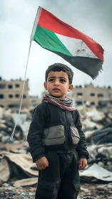 Young child holding weathered Sudanese flag amid urban destruction.
