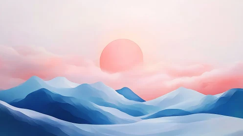 Soft-gradient sunrise illuminates stylized glacial mountain range