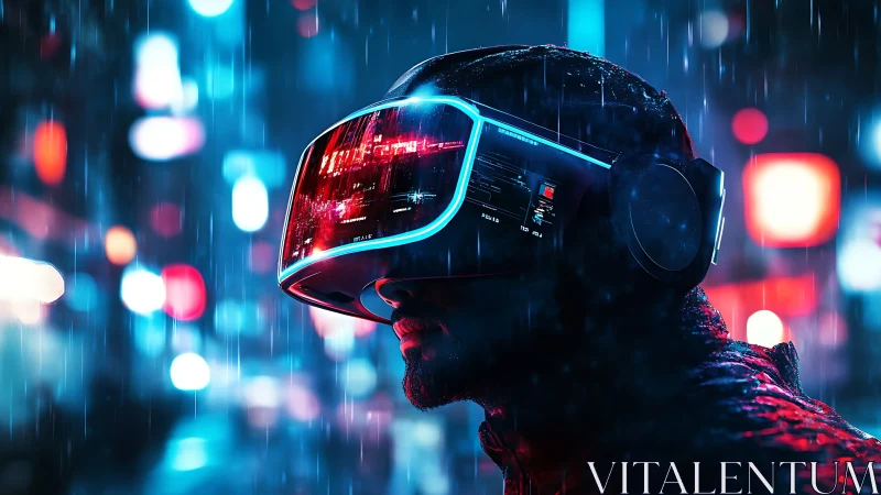 Neon rain crowns a VR dreamer wandering through liquid light