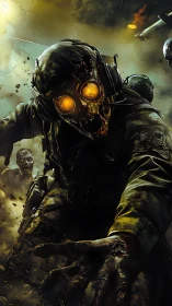 Zombie soldier advancing through smoke-filled battlefield.