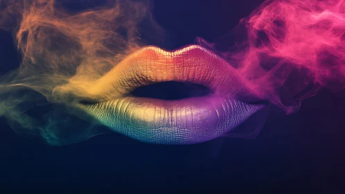 Chromatic lips suspended in volumetric smoke with gradient lighting