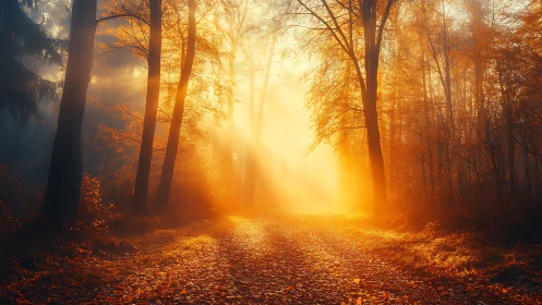 Golden forest path glowing with soft morning sunbeams.