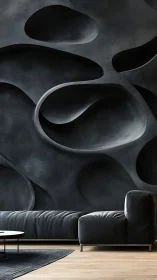 Dark sculpted wall behind black leather sofa in lounge.