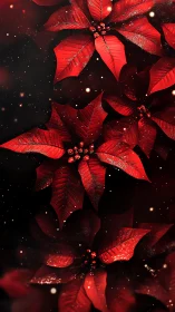 Crimson poinsettia blooms sparkling softly in winter glow.