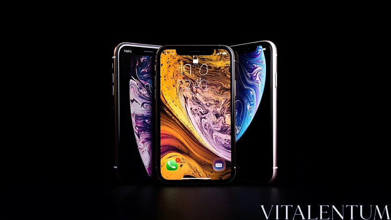 Smartphones with curved displays against black background.