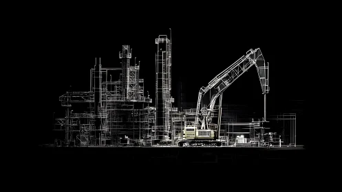 Neon Wireframe Excavator Guarding a Ghosted Industrial City.