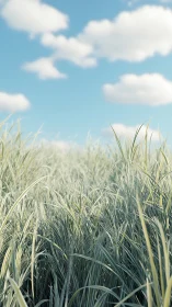Soft summer grasses sway gently beneath drifting clouds