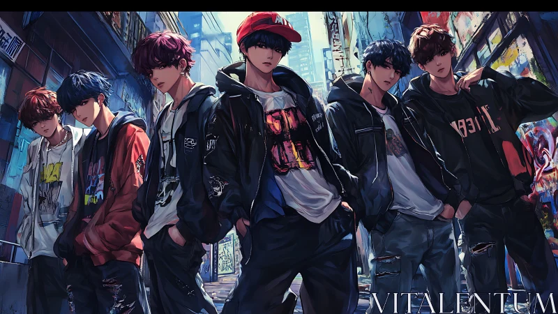 Streetwear anime boy group in urban graffiti alley scene.